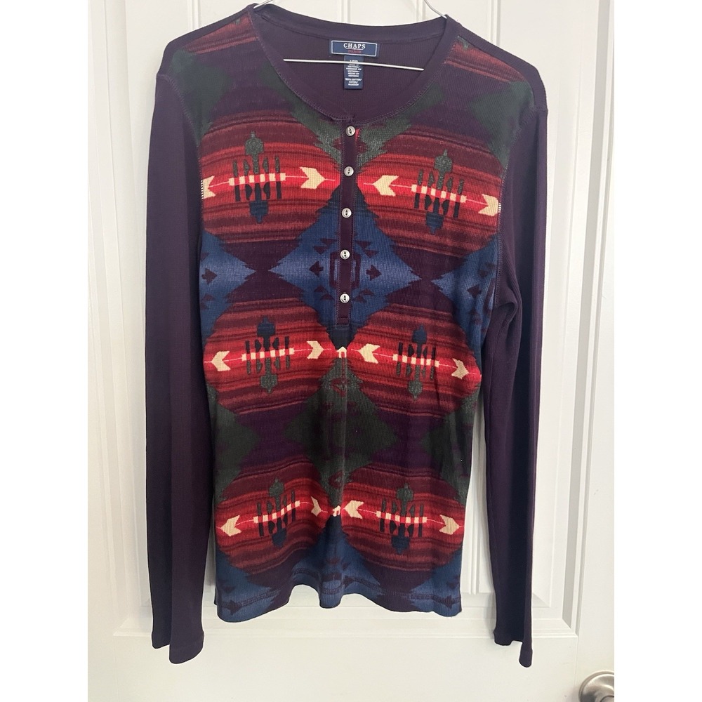 Chaps Thermal Top Womens Large Henley Waffle Knit Aztec Tribal Western Ranch 725